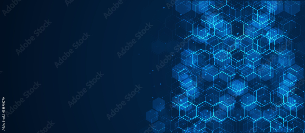 Poster digital technology background. abstract hexagons background with lines and dots. design for science,