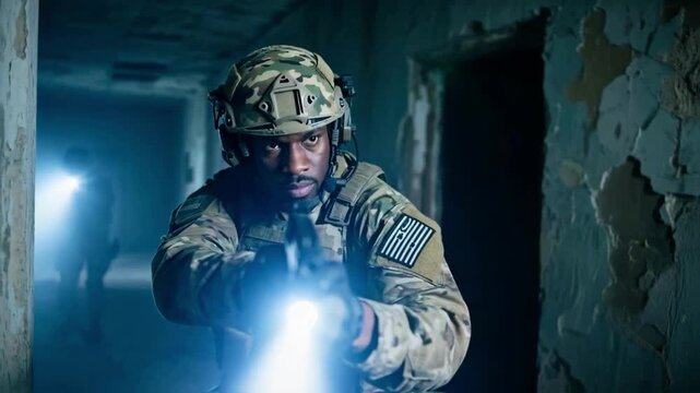 Soldier in tactical gear aiming a weapon with a flashlight, moving through a dark, smoky abandoned building during a special forces mission for themes of conflict and security