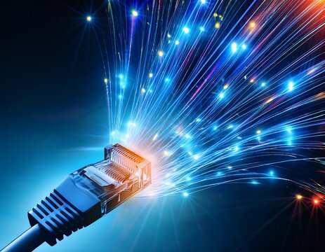 glowing ethernet cable with light trails of fiber optics representing high speed internet fast broadband transmission and digital data flow in futuristic network infrastructure concept