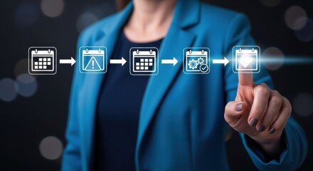 Businesswoman Demonstrating Workflow with Digital Calendar Icons and Arrows for Project Management and Planning