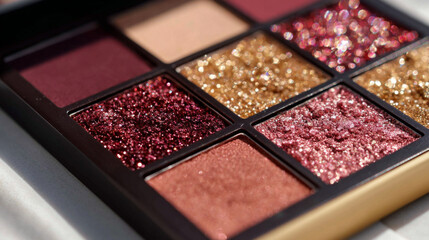Glitter eyeshadow palette with red, gold, and pink shades, sparkling texture creating glamorous and festive makeup look