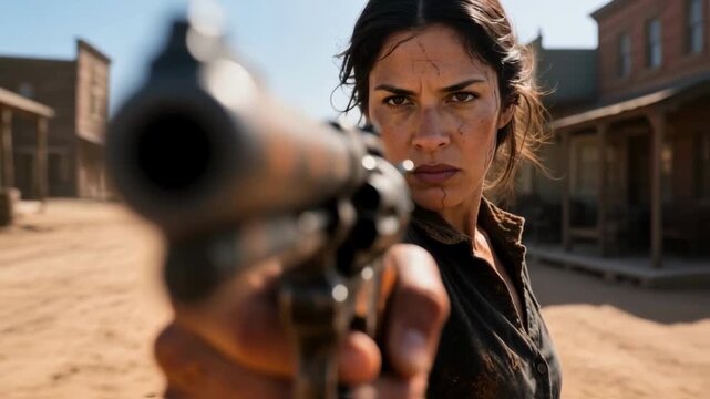 Determined woman points a revolver in a classic western desert town setting, a powerful cinematic scene of confrontation, revenge, danger, and female strength in an action movie