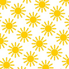 Cartoon seamless pattern illustration flat design sun icon with hot light ray used for fabric, picture label, wallpaper, banner, poster. Solar system planet, yellow, orange.