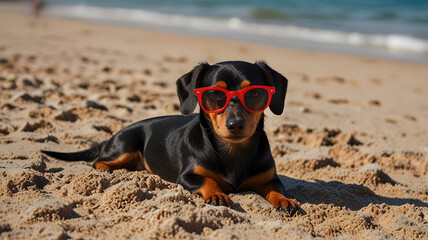 Cute Dachshund Wearing Red Sunglasses on a Sunny Beach Day