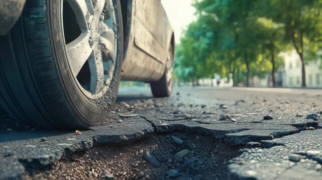A car wheel is positioned near a deep pothole on a city street, highlighting road conditions during a day