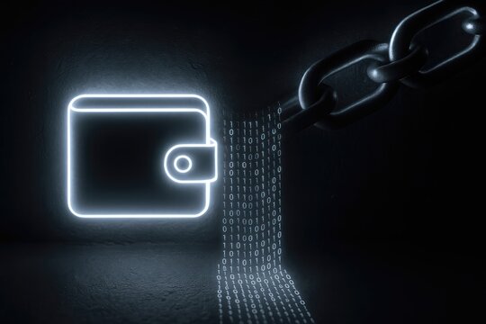 Blockchain Payments Explained concept. Neon wallet with binary code flowing from a chain on a dark background. - Powered by Adobe