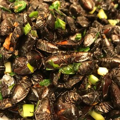 Close - up of stir - fried Jiuxiangchong (Aspongopus chinensis) with scallions and garlic. A Sichuan - Yunnan specialty—medicinal - edible insect dish, processed for safe eating.