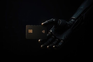 Blockchain Payments Explained concept. Futuristic robotic hand holding a contactless payment card.