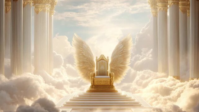 Golden throne with majestic wings rises above clouds in a celestial setting, showcasing a serene and divine atmosphere
