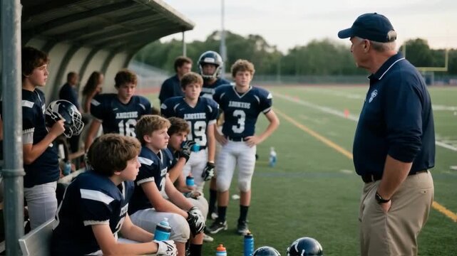 Experienced football coach giving a motivational speech to his youth team of players sitting on the bench, representing leadership, teamwork, strategy, and youth sports mentorship