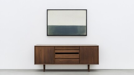 Minimalist Display: Modern Wooden Buffet and Abstract Art