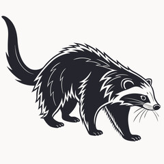 A black and white stylized illustration of a raccoon