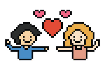 Obraz premium Pixel art cartoon 8bit character couple together feel love happy heart soulmate relationship decoration 8 bit couple in love valentine day game isolated PNG vector.