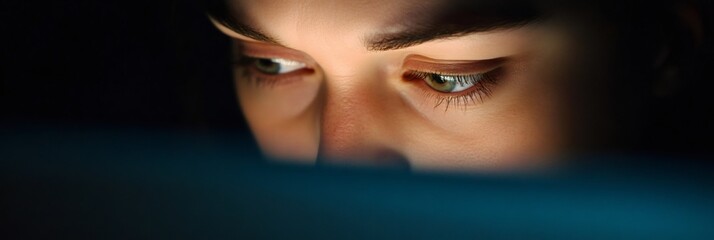 Close up of a young woman's face illuminated by the screen of a laptop, working late at night in the dark, suggesting stress, deadline pressure, and time management challenges