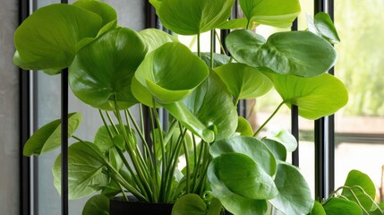 Potted plant with large, green leaves. the plant is in a black pot and is placed on a windowsill. the leaves are arranged in a fan-like pattern and have a glossy texture.