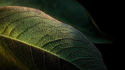 Close-up of a leaf. the leaf is dark green in color and has a rough texture. the veins of the leaf are visible, creating a pattern that extends from the center to the edges.