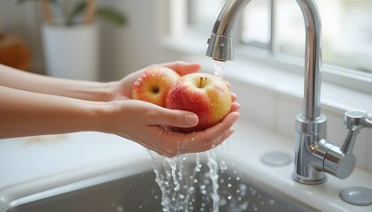 "Hands holding apples under a kitchen faucet with clear water splashing – fruit washing for healthy eating habits"