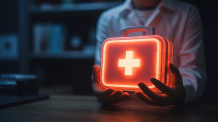 Illuminated First Aid Kit in Gentle Hands A Beacon of Hope and Health Preparedness in a Darkened Room