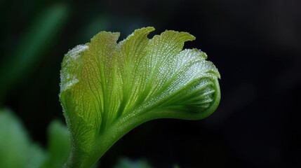 Close-up of a green leaf with water droplets on it. the leaf appears to be a fern or a similar type of leaf, with a pointed tip and a serrated edge.