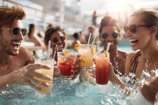 Diverse young adults enjoying refreshing poolside cocktails in sunlit day