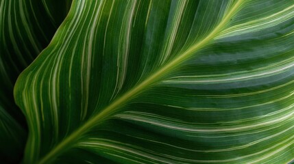 Close-up of a large, green leaf with thin, wavy lines. the leaves are arranged in a radial pattern, creating a sense of depth and dimension.