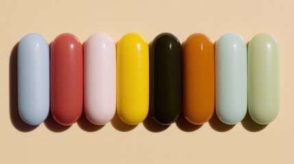 Row of six oval-shaped objects arranged in a diagonal line on a beige background. the objects are of different colors - blue, pink, red, yellow, orange, green, and light green.