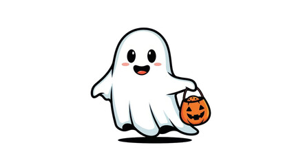 Fototapeta premium Spooky season features a cute ghost carrying a pumpkin basket, perfect for Halloween graphics and festive designs.