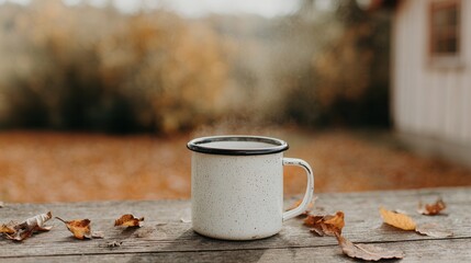 Cozy autumn morning with steaming coffee outdoors