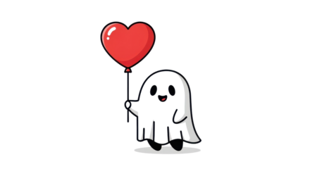 Cute spooky ghost holding a red heart balloon floats gently against the black background in cartoon illustration.