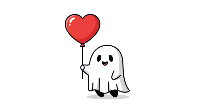 Cute spooky ghost holding a red heart balloon floats gently against the black background in cartoon illustration.
