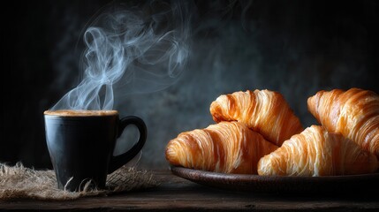 Fresh coffee flaky croissants on rustic wooden table