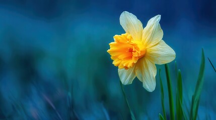 Yellow daffodil bloom in serene blue landscape