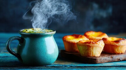 Rustic coffee cup with steaming beverage pastries on wooden table