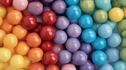 Close-up of a group of small, round, colorful candies. the candies are of different sizes and colors, including red, orange, yellow, green, blue, purple, and pink.