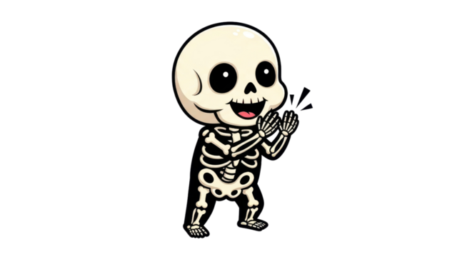 A cartoon skeleton cheerfully claps its hands, set against a solid black background, ideal for Halloween designs or fun illustrations.