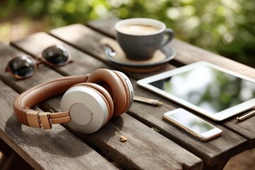 Outdoor relaxation with headphones, coffee, tablet, and smartphone on wooden table