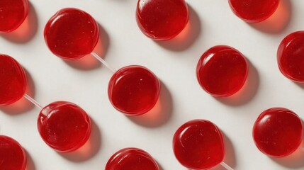 Group of red lollipops arranged in a random pattern on a white background. the lollipop in the center of the image is round and has a smooth texture.