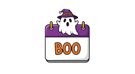 A spooky ghost wearing a hat sits atop a calendar page with the word boo in orange letters on Halloween night.