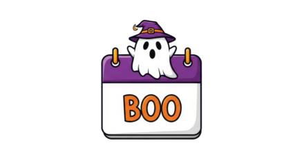 A spooky ghost wearing a hat sits atop a calendar page with the word boo in orange letters on Halloween night.