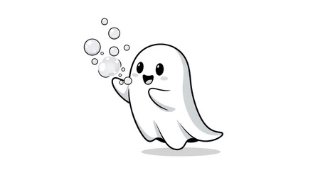 A charming cartoon ghost blowing bubbles against a black backdrop creates a whimsical and playful scene.