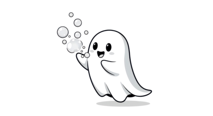 A charming cartoon ghost blowing bubbles against a black backdrop creates a whimsical and playful scene.