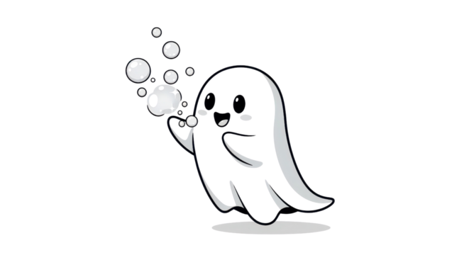 A charming cartoon ghost blowing bubbles against a black backdrop creates a whimsical and playful scene. - Powered by Adobe