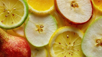 Close-up of a pile of sliced fruits. there are several slices of different types of fruits, including apples, oranges, lemons, and pears.