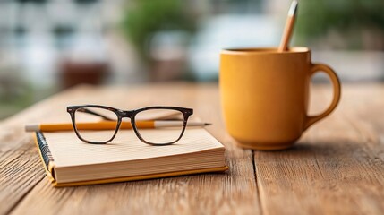 Eyeglasses Resting on Notepad Near Yellow Mug on Wooden Table