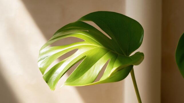 Close-up of a large, green leaf with a long stem. the leaf appears to be a monstera deliciosa plant, with large, oval-shaped leaves that have a glossy texture.