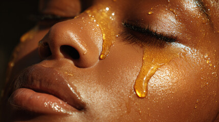 Golden honey drips down smooth dark skin on peaceful face with closed eyes, creating warm and soothing effect