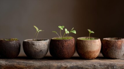 Row of six small terracotta pots arranged in a line on a wooden surface. the pots are of different sizes and shapes, with the largest one in the center and the smallest one on the left.