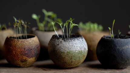 Group of small potted plants arranged in a row on a wooden surface. there are six pots in total, each with a unique design and color.