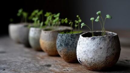 Row of small potted plants arranged in a line on a wooden surface. the pots are made of concrete or stone and have a rough, textured surface. each pot has a small green plant growing out of it.