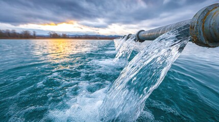 Water flowing pipeline lake dramatic sky